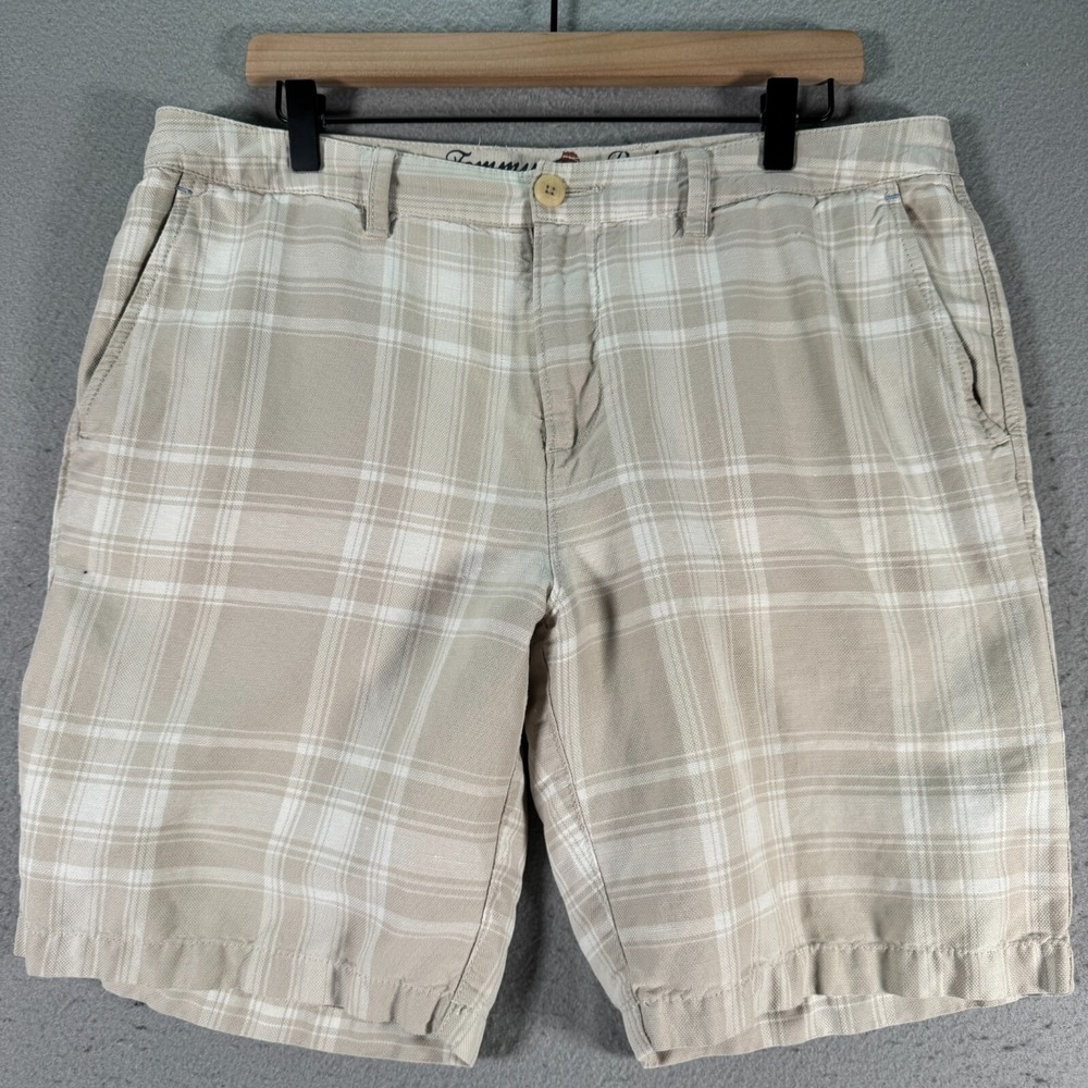 Tommy‎ Bahama Chino Shorts Mens 34 Beige Plaid Linen Comfort Preppy Beach 9"